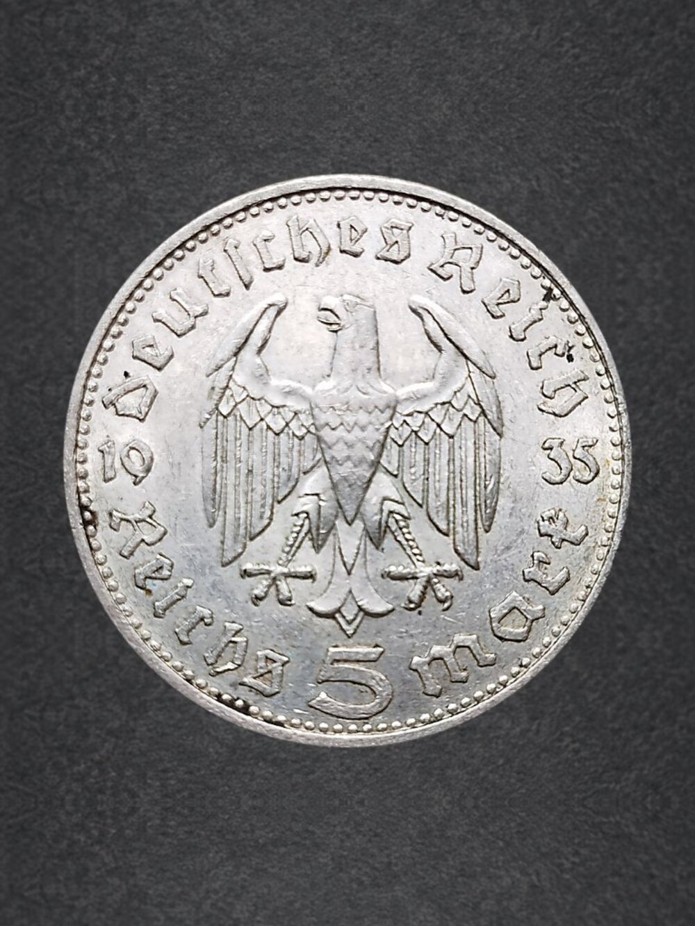 1935 G Germany 5 Reichsmark Silver Hindenburg Coin Third Reich KM#86